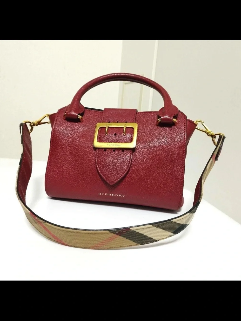 Burberry Burgundy Leather Satchel with Check Shoulder Strap